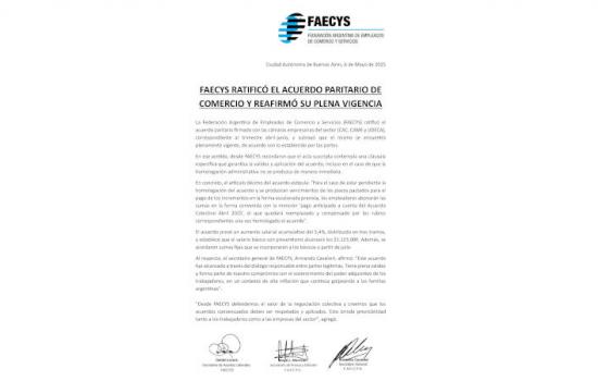 FAECYS RATIFICÓ EL ACUERDO PARITARIO DE COMERCIO Y REAFIRMÓ SU PLENA VIGENCIA